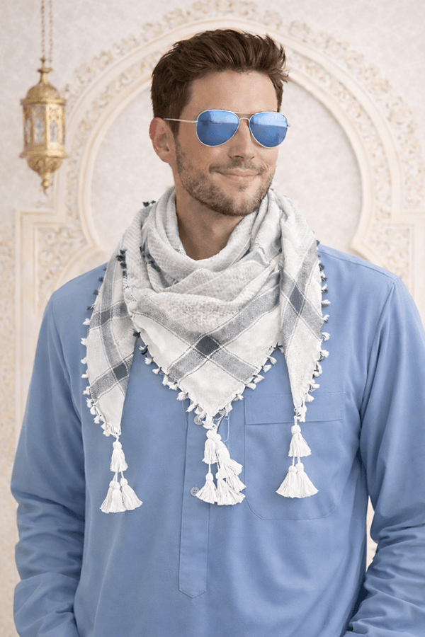 Arabic Scarf, Mushajara, Shemagh - Premium - White Light Grey Arabic Scarf, Mushajara, Shemagh - Premium - White Light Grey
